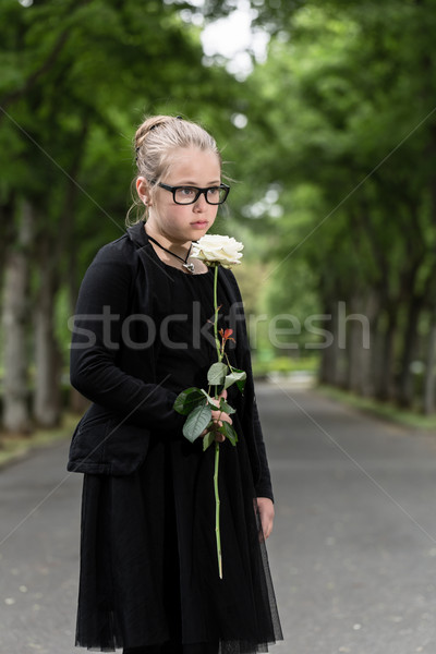 Lány fehér rózsa gyász temető árva Stock fotó © Kzenon