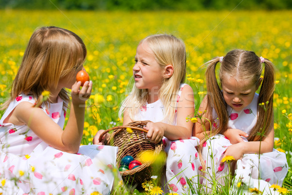 Children on Easter egg hunt with eggs Stock photo © Kzenon