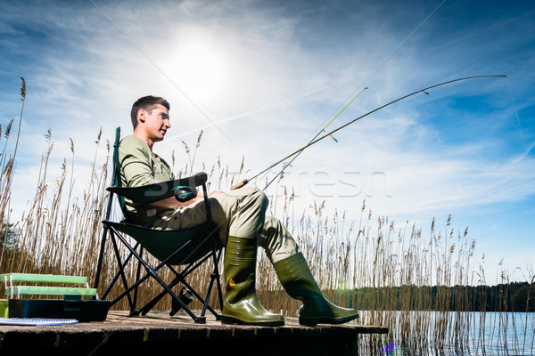 Man fishing at lake sitting on jetty Stock photo © Kzenon