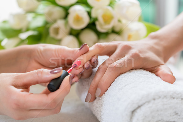 Hands of a skilled manicurist applying red nail polish on the na Stock photo © Kzenon