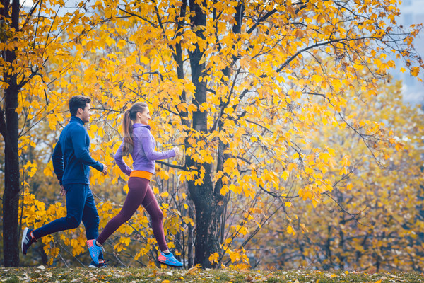 Woman and man jogging or running in park during autumn Stock photo © Kzenon