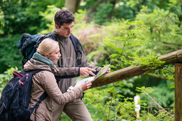 Stock photo: Young hikers orientating with trail map