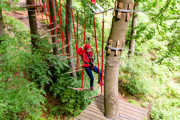 Girl seen from above climbing in high rope course Stock photo © Kzenon