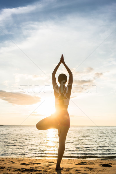 Silhouette of a woman practicing the tree yoga pose on a beach Stock photo © Kzenon