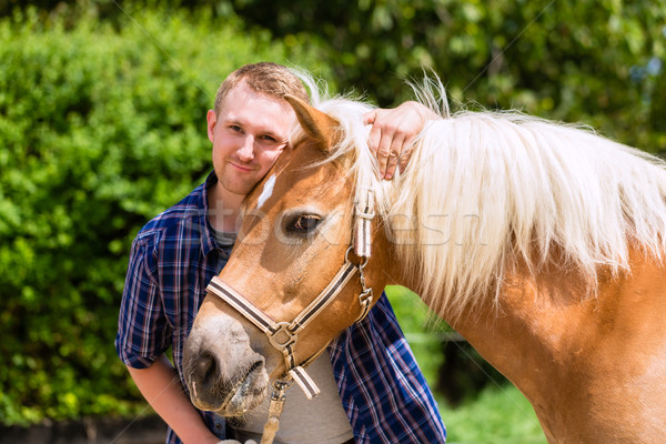 Człowiek konia kucyk gospodarstwa szczęśliwy młodych Zdjęcia stock © Kzenon