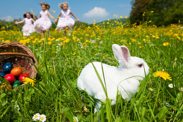 Children on Easter egg hunt with bunny Stock photo © Kzenon