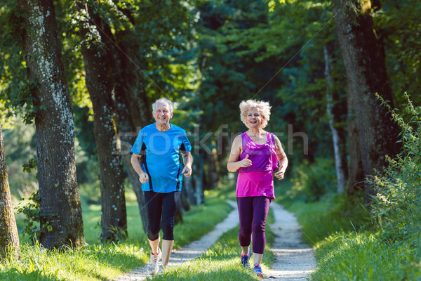 Two active seniors with a healthy lifestyle smiling while joggin Stock photo © Kzenon