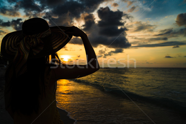 Turísticos mujer viendo puesta de sol océano playa Foto stock © Kzenon