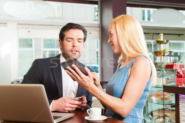 Foto stock: De · trabajo · colegas · hombre · mujer · sesión · Servicio