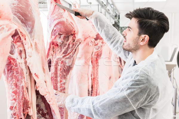Butcher in butchery or slaughterhouse cutting meat Stock photo © Kzenon