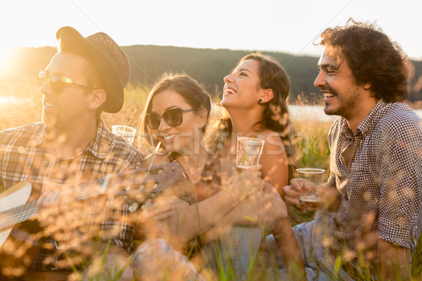 Young people enjoying evening mood of summer day sitting in gras Stock photo © Kzenon