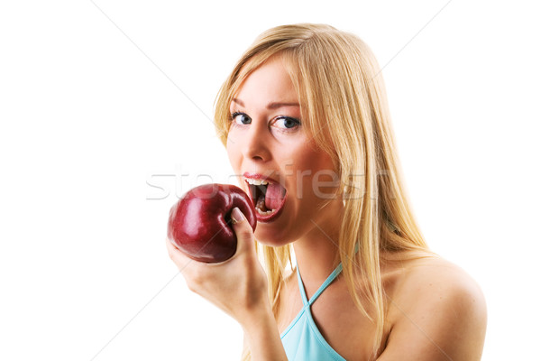 Mulher loira alimentação suculento maçã microfone micro Foto stock © Kzenon