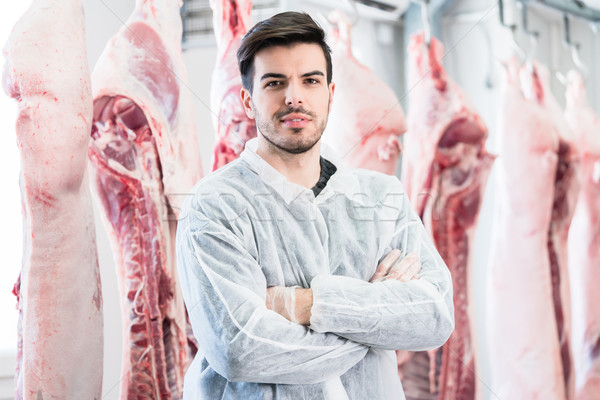 Worker in butchery standing in front of carcasses Stock photo © Kzenon