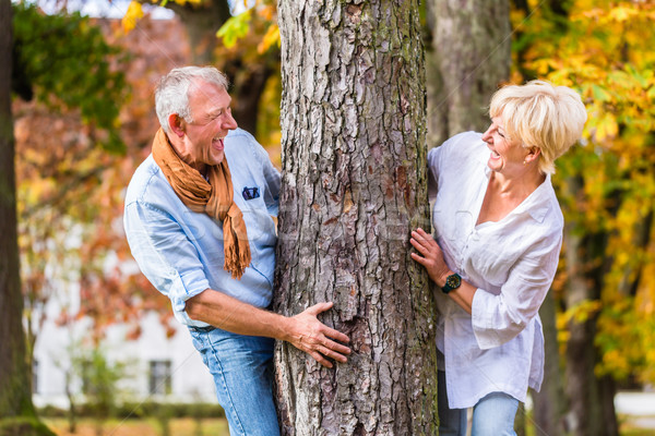 Senior couple flirting playing around tree in park Stock photo © Kzenon