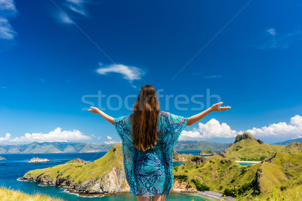 Boldog turista élvezi szellő nyári vakáció sziget Stock fotó © Kzenon