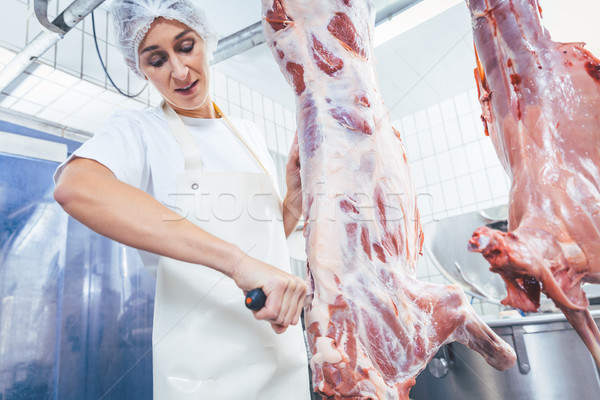 Butcher cutting to pieces meat from carcass Stock photo © Kzenon