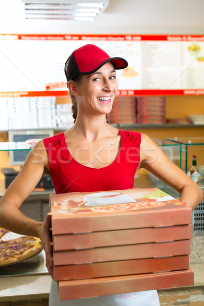 Stockfoto: Levering · dienst · vrouw · pizza · dozen