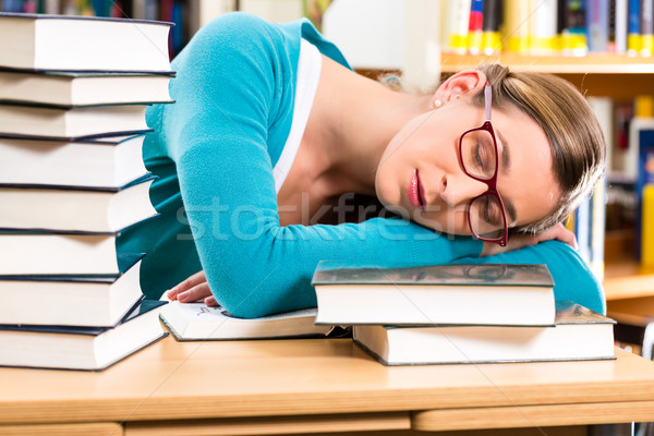Stock fotó: Diák · könyvtár · alszik · könyvek · fiatal · nő · tanul