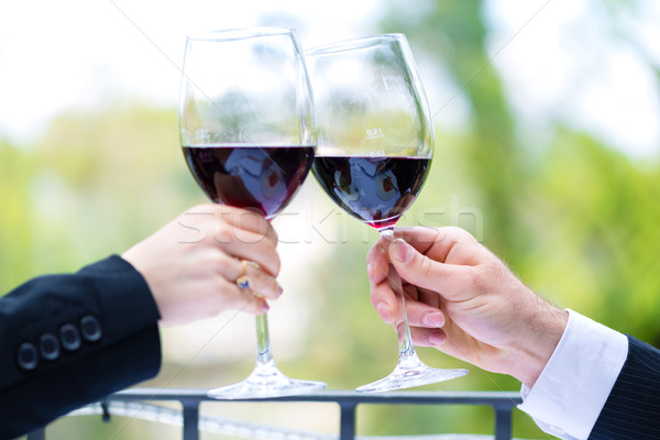 Hands holding red wine glasses to clink Stock photo © Kzenon