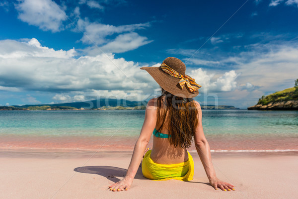 Fiatal nő ül homok rózsaszín tengerpart sziget Stock fotó © Kzenon
