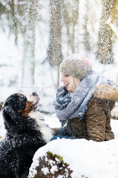 Woman walking her dog in the winter and both explore the snow to Stock photo © Kzenon