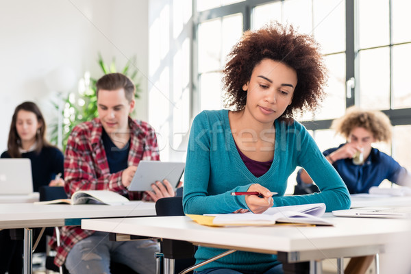 Student concentrating while writing an essay during class in an  Stock photo © Kzenon