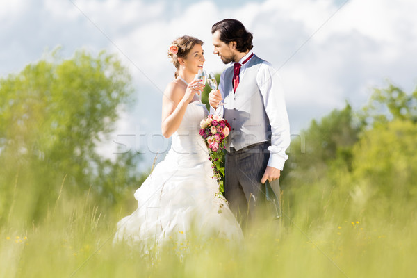 Stockfoto: Bruiloft · bruid · bruidegom · weide · boeket