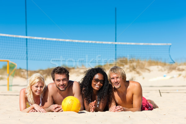 [[stock_photo]]: Amis · jouer · plage · volleyball · groupe · femmes