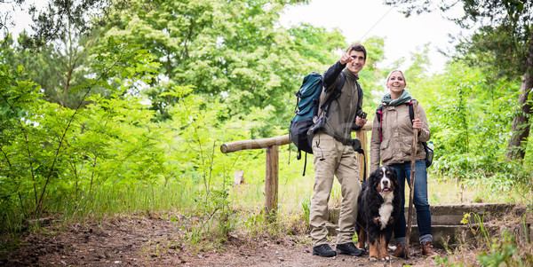 Hikers with dog in forest Stock photo © Kzenon
