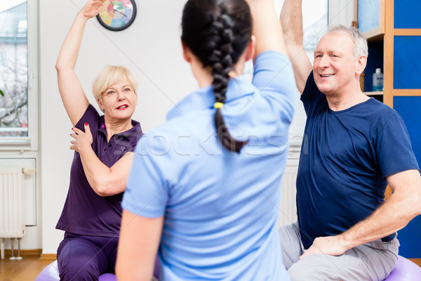 Elderly couple at physiotherapy on gymnastic balls Stock photo © Kzenon