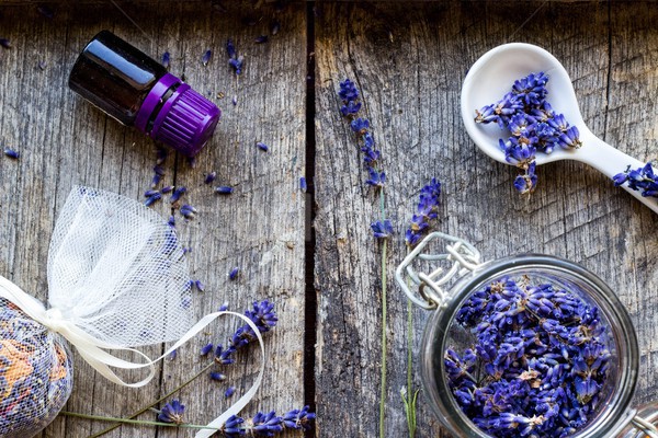 Stockfoto: Gedroogd · lavendel · keramische · schep · lavendelolie · bloemen