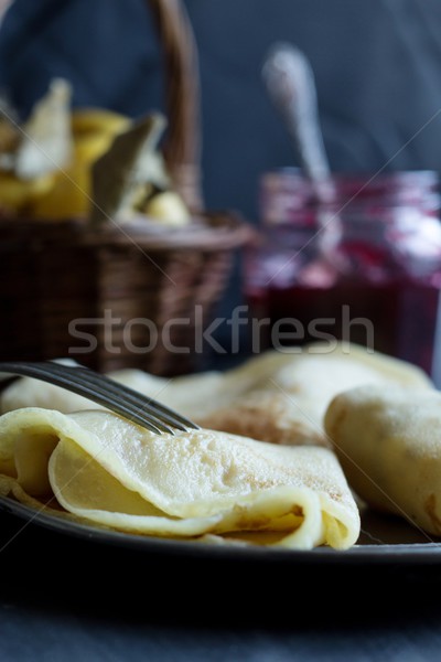 French crepes, jam and apples - sweet breakfast Stock photo © laciatek