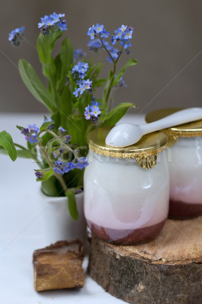 strawberry yogurt and forget-me-not flowers Stock photo © laciatek