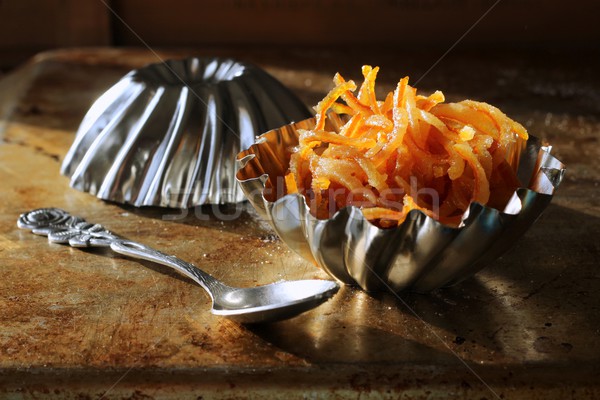Kandírozott narancs héj gyümölcs háttér tányér Stock fotó © laciatek
