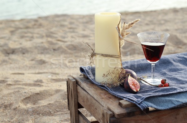 Stockfoto: Kaars · rode · wijn · strand · kaarsen · romantische · diner