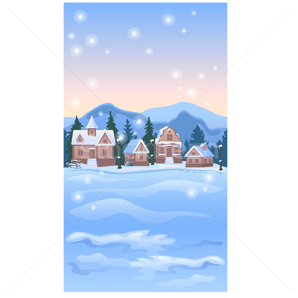 Sketch for Christmas poster with cozy rustic small houses. Template for greeting card or party invit Stock photo © Lady-Luck