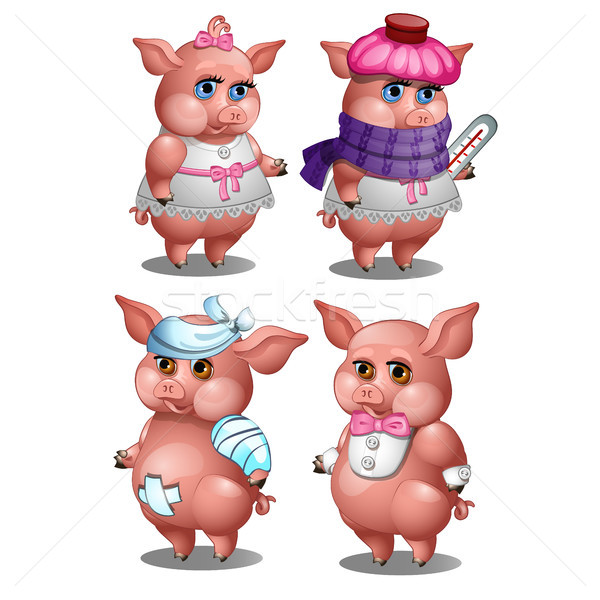 Healthy and diseased pig isolated on white background. Vector cartoon close-up illustration. Stock photo © Lady-Luck