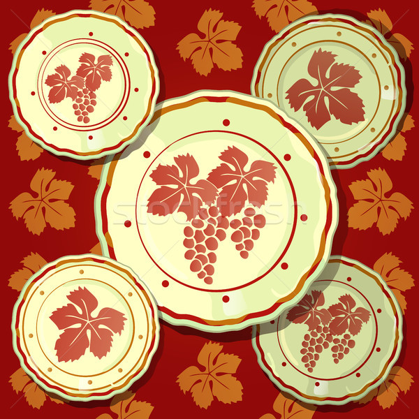 Poster on theme of golden autumn and thanksgiving day. Set of wall plates depicting bunches of grape Stock photo © Lady-Luck
