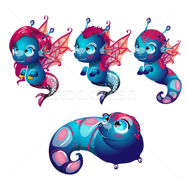 Set fantasy cartoon seahorse isolated on a white background. Stages of transformation from larvae in Stock photo © Lady-Luck