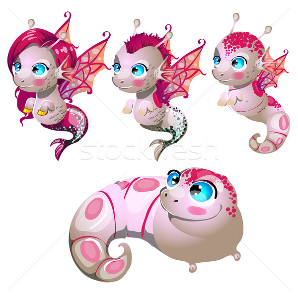 Set fantasy cartoon seahorse isolated on a white background. Stages of transformation from larvae in Stock photo © Lady-Luck