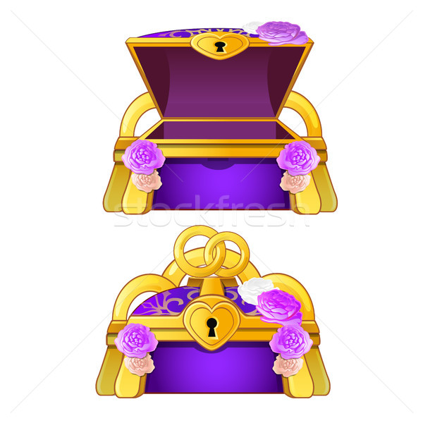 Foto stock: Roxo · peito · decorado · flor · ouro · anéis · de · casamento