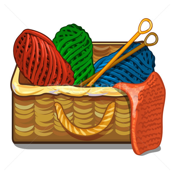 Stock photo: Set of colorful tangles of wool yarn and knitting needles are in a wicker crate isolated on a white 