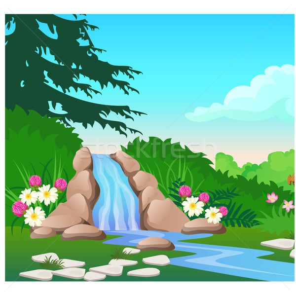 Picturesque landscape with a waterfall on the forest river. Sketch of a beautiful poster or placard  Stock photo © Lady-Luck