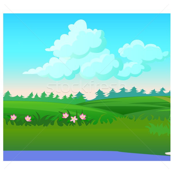 Landscape with coniferous forest on the horizon and flowering meadow. Vector cartoon close-up illust Stock photo © Lady-Luck