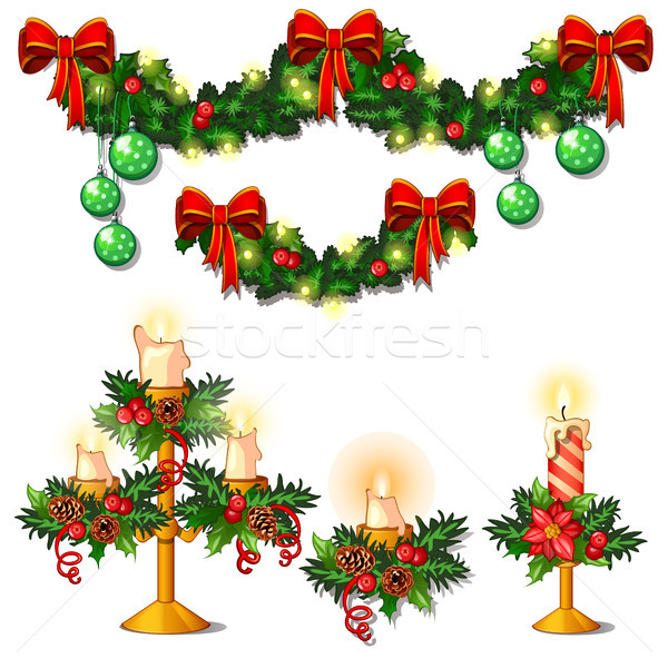 Foto stock: Natal · esboço · decorações · enfeitar · folhas · velas