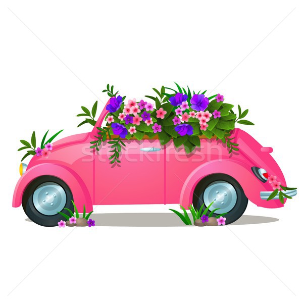 Vintage pink car with growing flowers isolated on white background. Vector cartoon close-up illustra Stock photo © Lady-Luck