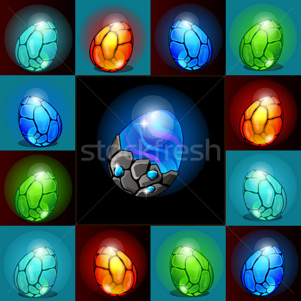 Stock photo: A poster with a set of magic colorful glowing egg of ancient reptiles or birds isolated on black and