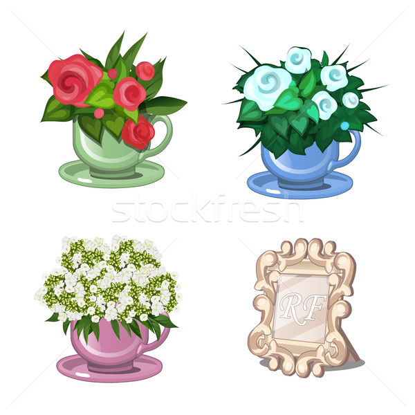 Set of flowering plants in cups isolated on white background. Table frame for pictures or photos. Ve Stock photo © Lady-Luck