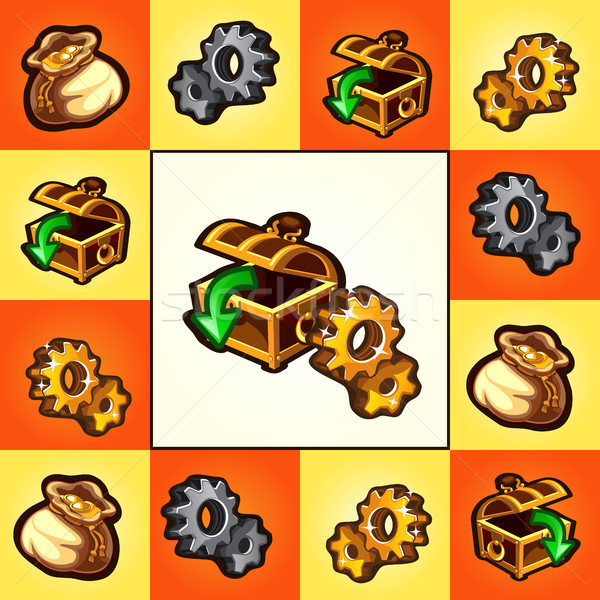 Funny poster or card with treasure chests and gold gears isolated on multicolored background. Vector Stock photo © Lady-Luck