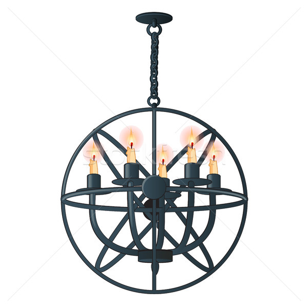 Massive steel chandelier with candles in medieval style isolated on white background. Vector cartoon Stock photo © Lady-Luck